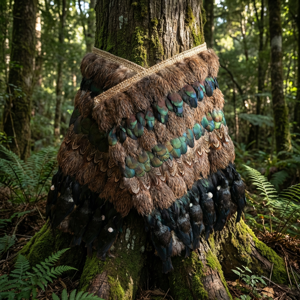A traditional Māori cloak made of brown, iridescent green, and black feathers on display.