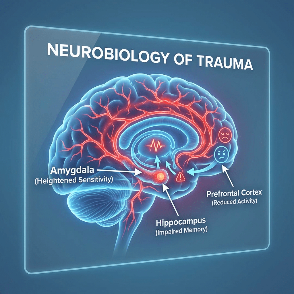 Neurobiology of Trauma diagram highlighting the Amygdala (Heightened Sensitivity), Hippocampus (Impaired Memory), and Prefrontal Cortex (Reduced Activity).