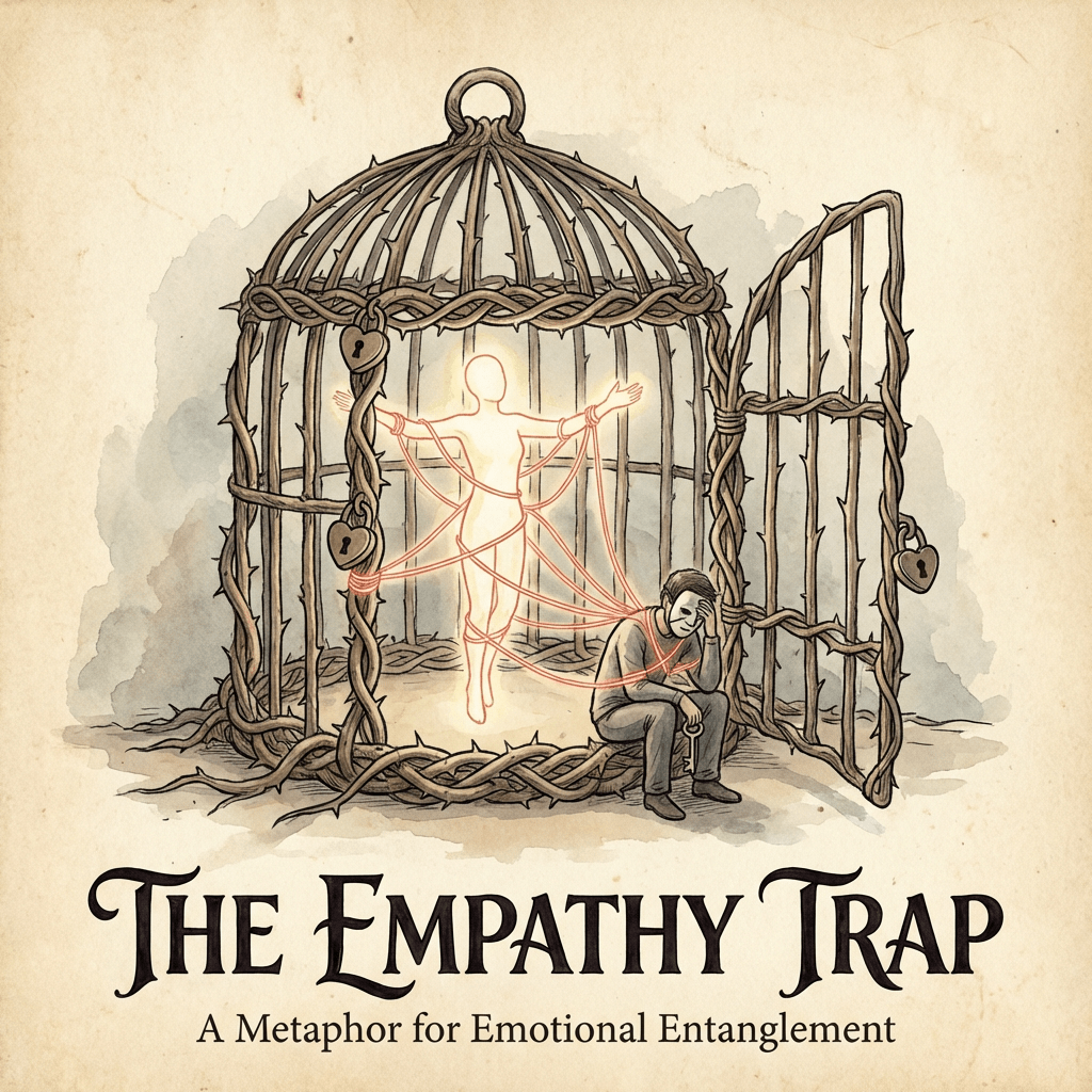 Text: THE EMPATHY TRAP. Glowing figure tied to a man in a thorny cage.