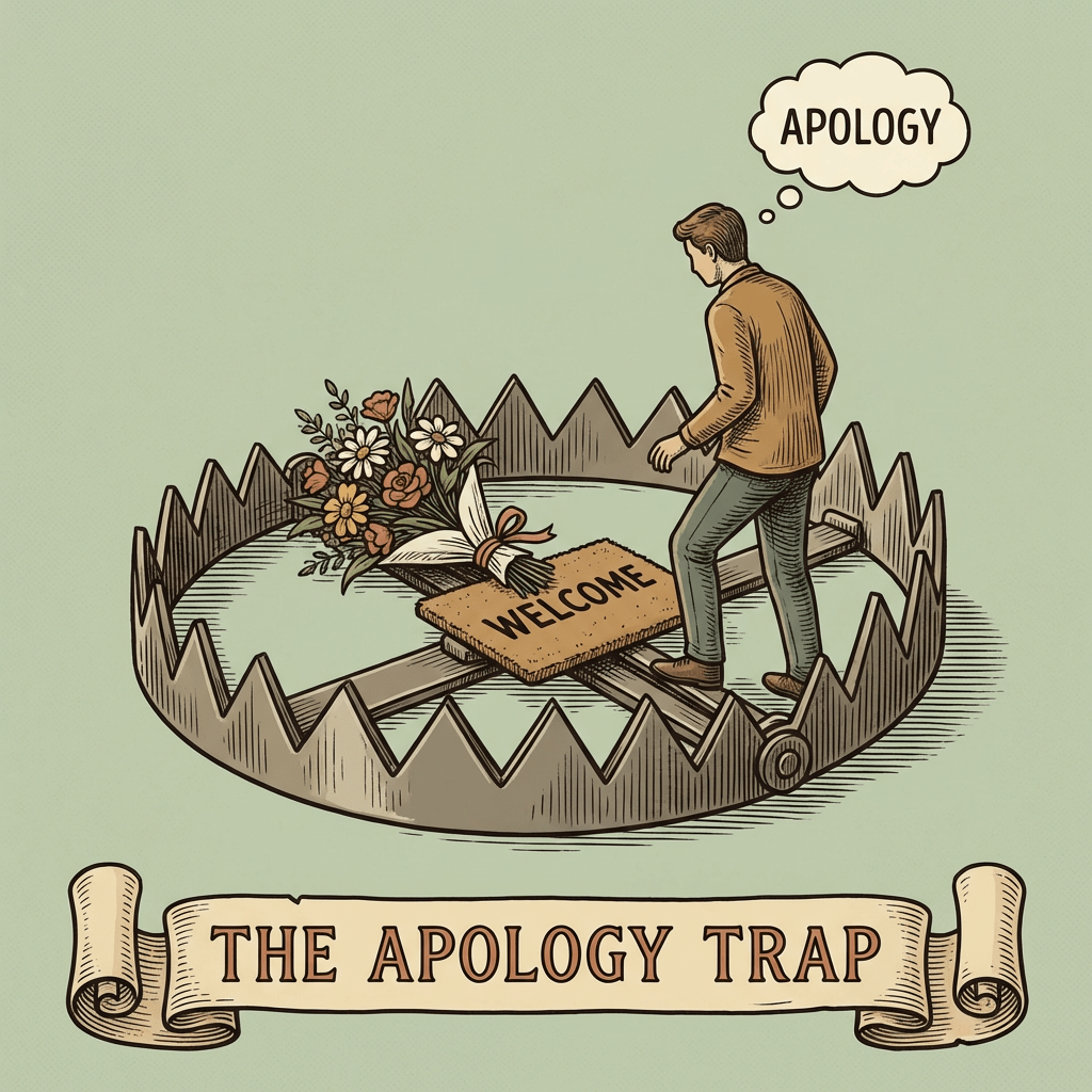 Man thinking 'APOLOGY' steps into a trap with flowers and 'WELCOME' mat. Text: 'THE APOLOGY TRAP'.