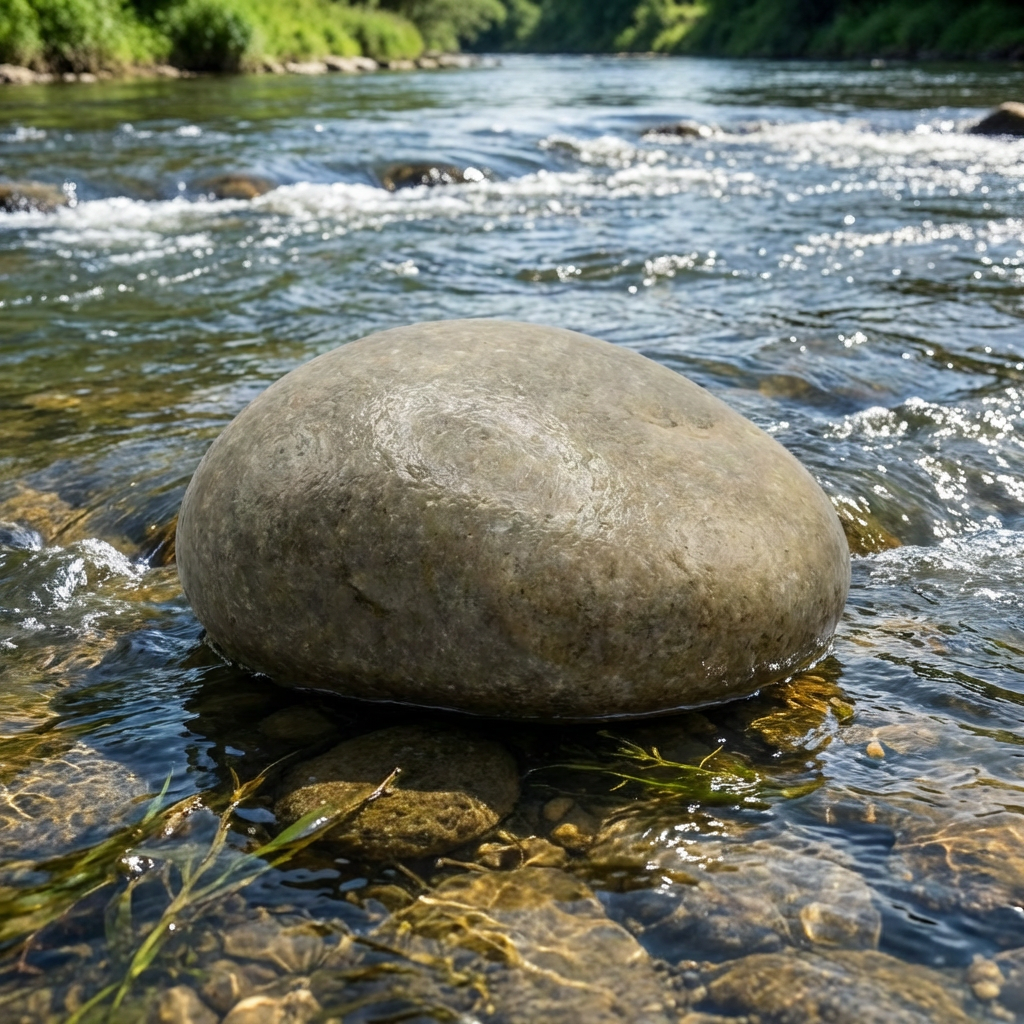 A single smooth, rounded grey river rock resting on a plain white surface.
