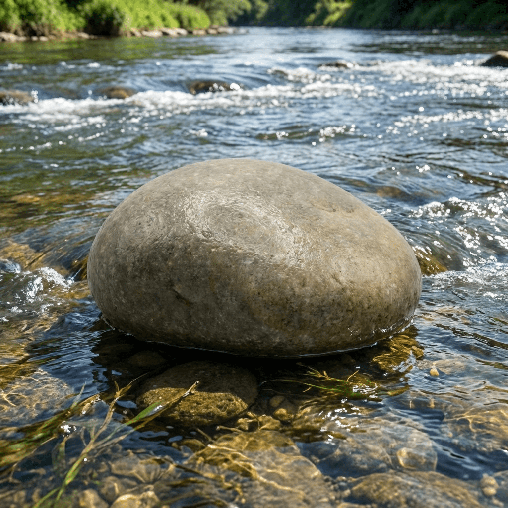 A single smooth, rounded grey river rock resting on a plain white surface.