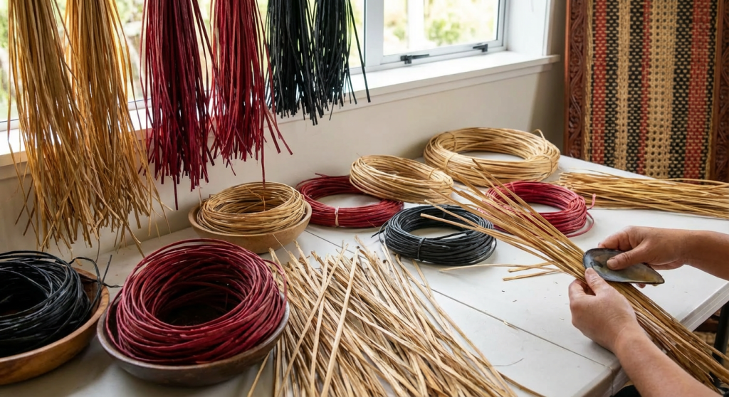 Hands using a shell to strip fibers on a table with colored weaving materials.