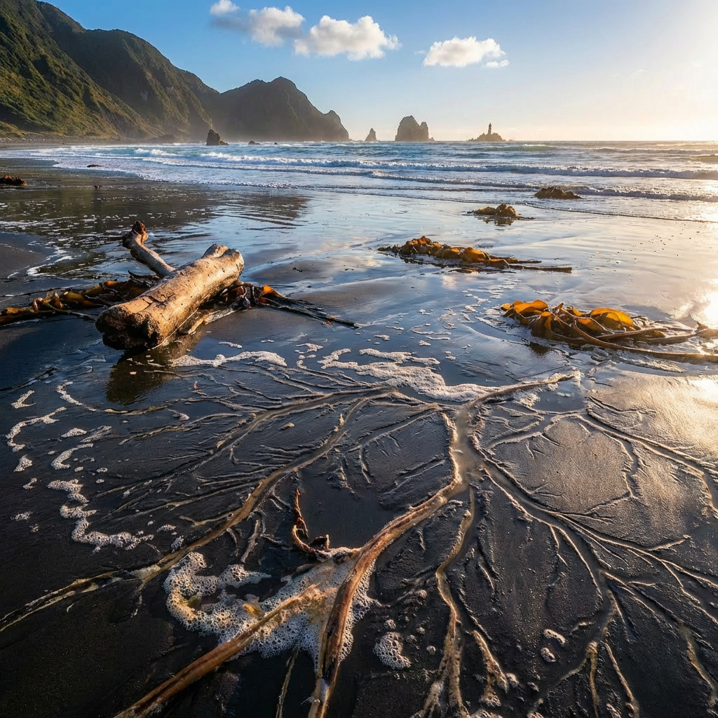 Dramatic coastal sunset with orange clouds, black sand, driftwood, and distant rocky sea stacks.
