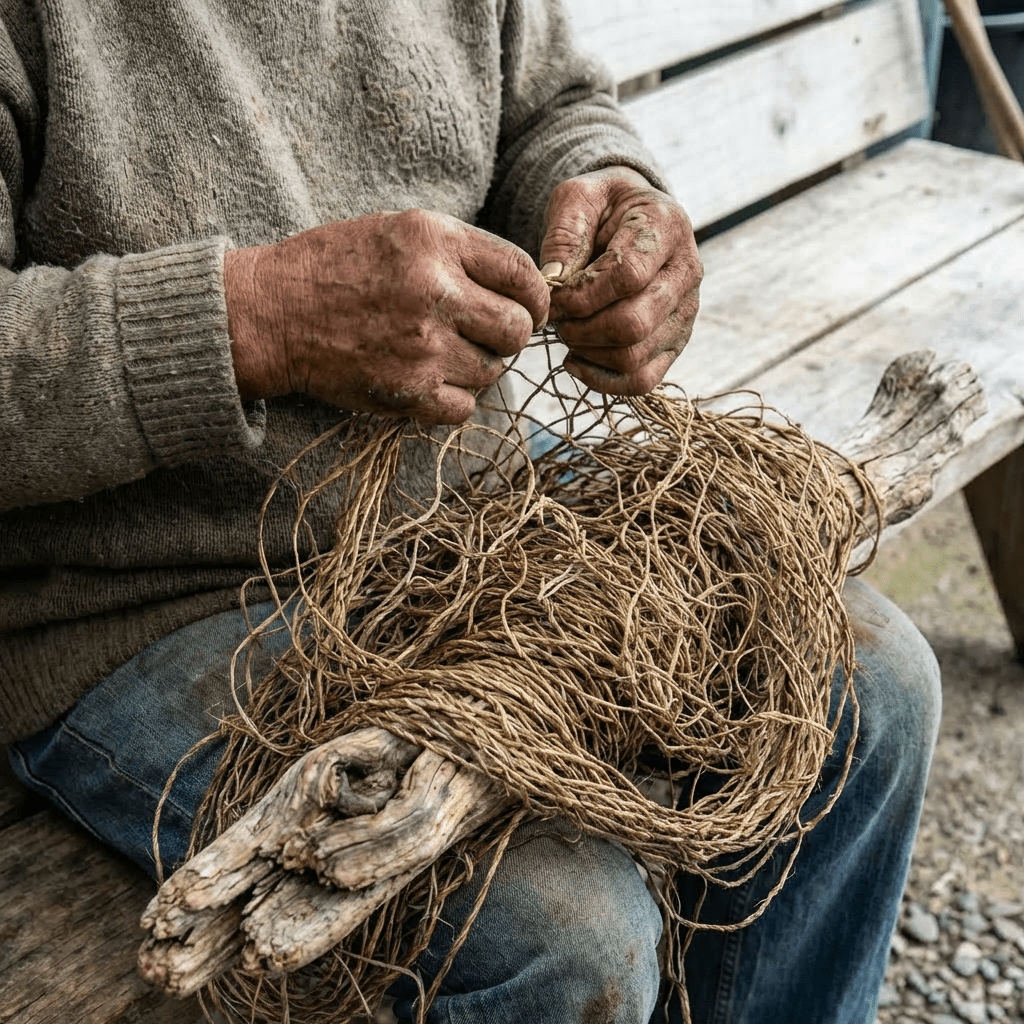 Māori elder with moko tattoos repairing fishing nets on a coastal wooden bench.