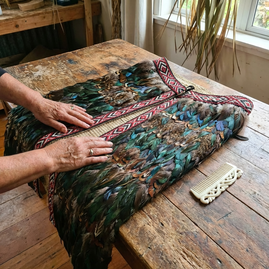 A Māori feather cloak with green and blue feathers and a carved bone comb.