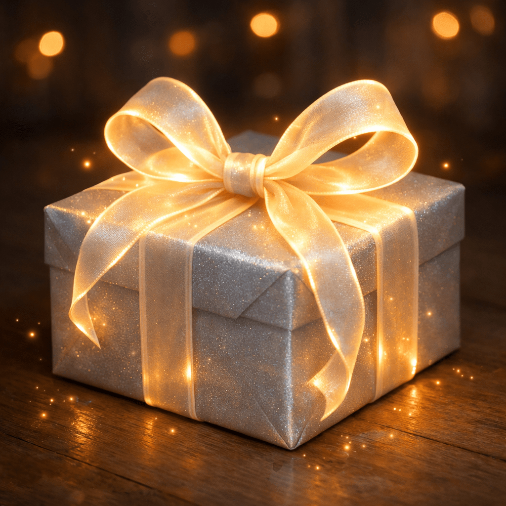 Glittery silver gift box with a large glowing golden ribbon bow on wooden surface