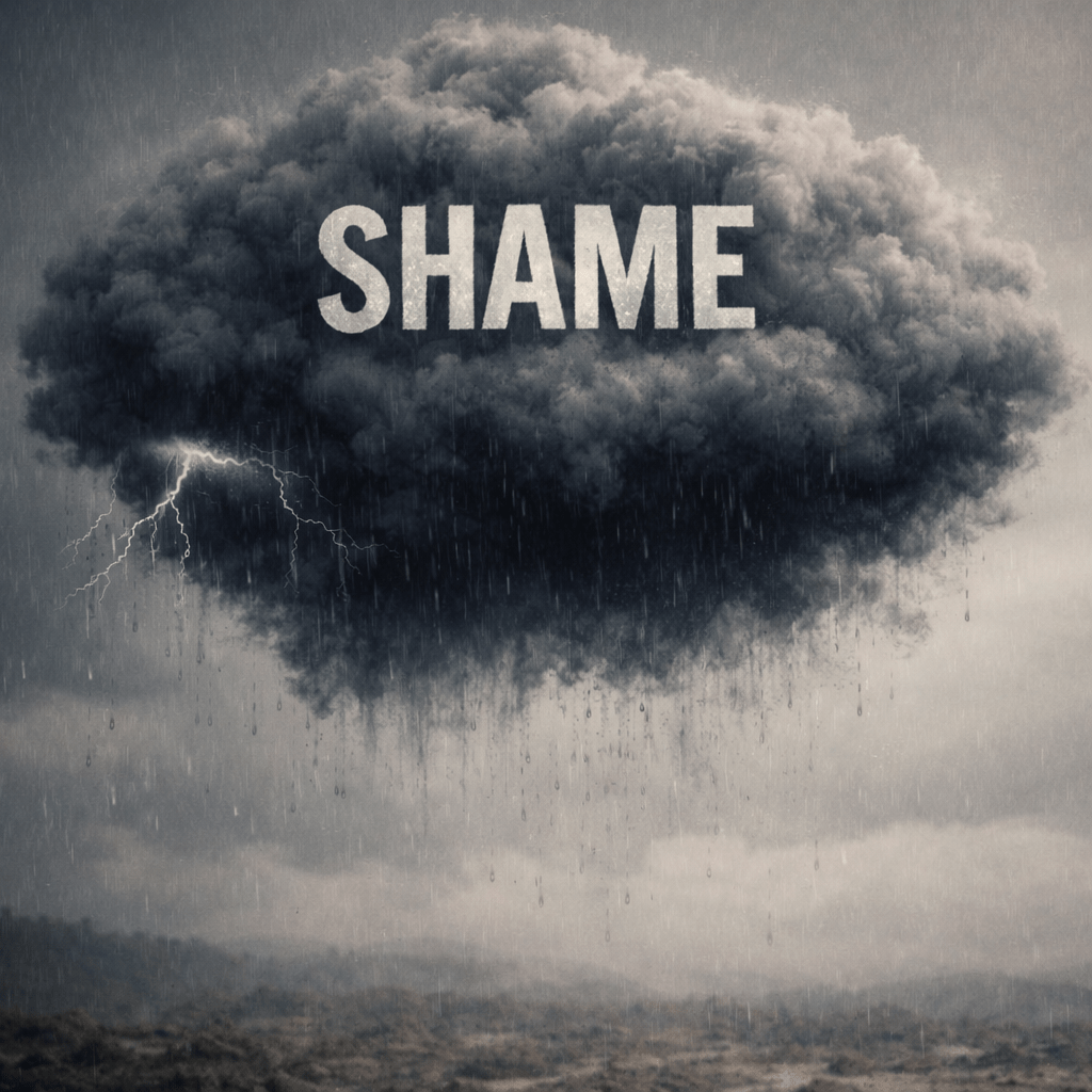 Man crouching under dark storm cloud with the word SHAME