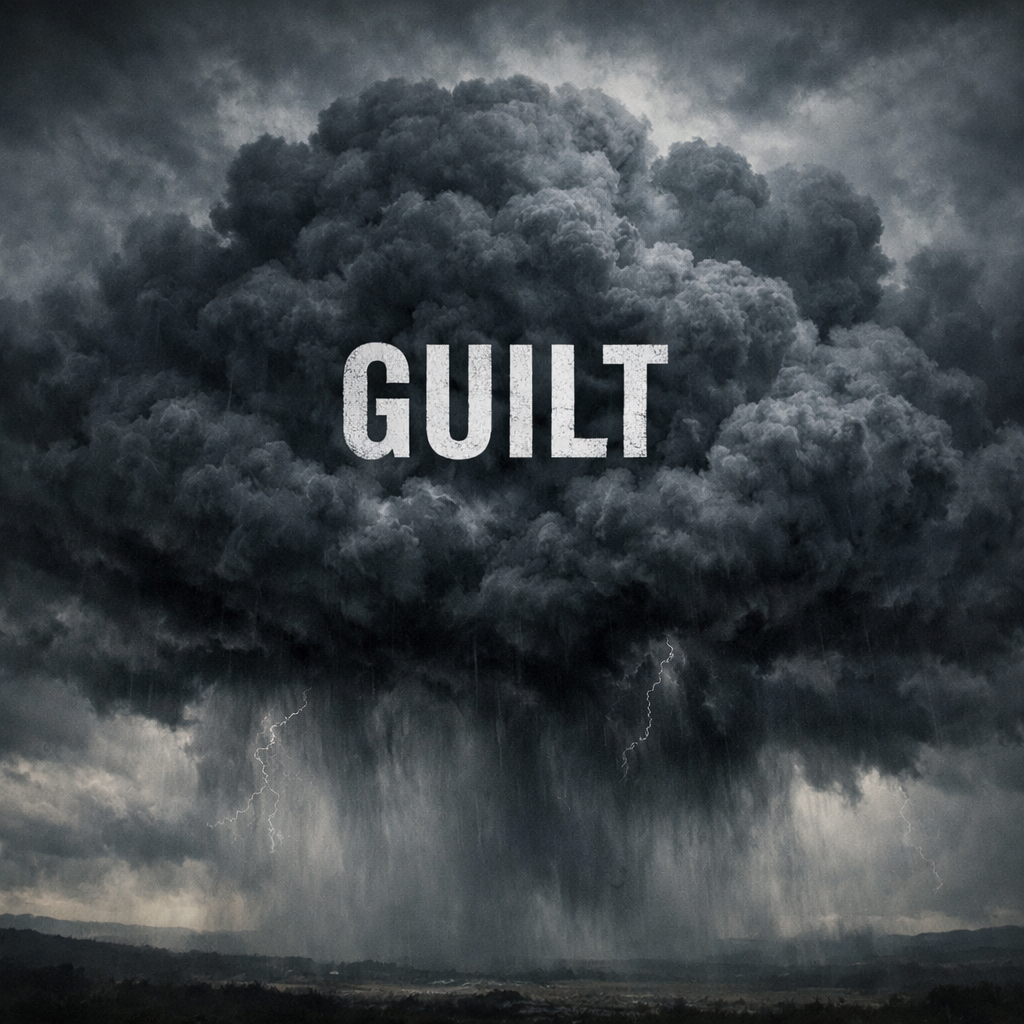 Dark storm cloud with lightning and the word GUILT
