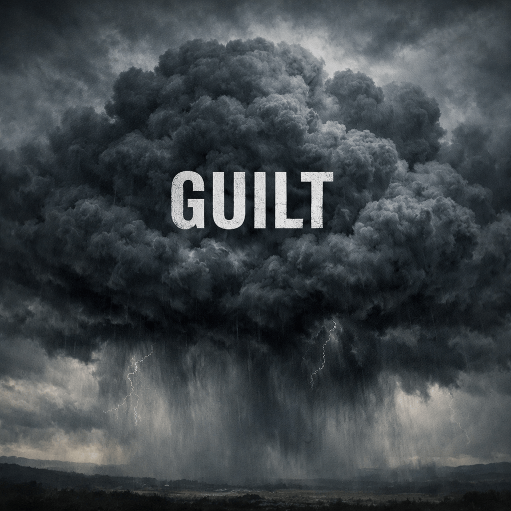 Dark storm cloud with lightning and the word GUILT