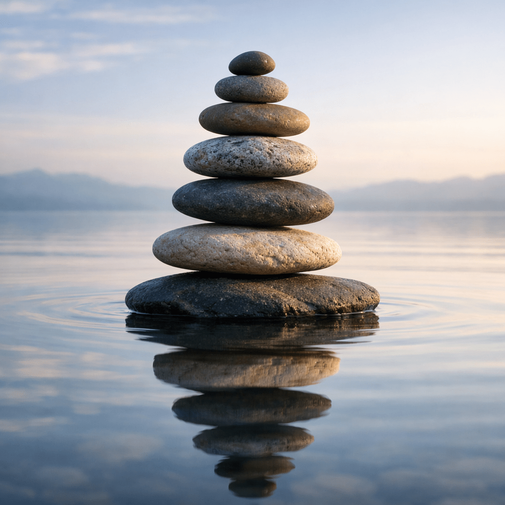 Seven smooth stones stacked in balance on calm water with soft sky reflection
