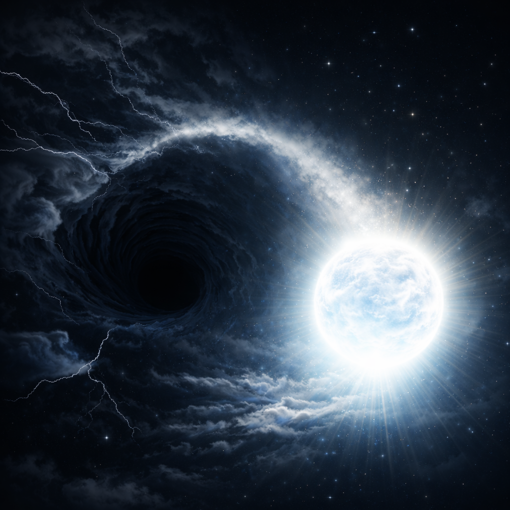 Dark swirling black hole beside glowing gold particles and a luminous tree