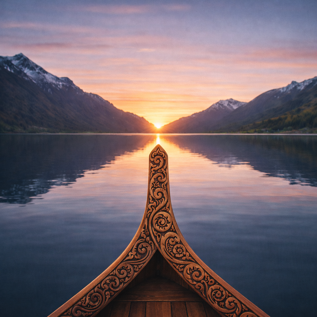 Boat wake at mountain sunset lake Sunset over a lake with boat wake and surrounding snow-capped mountains