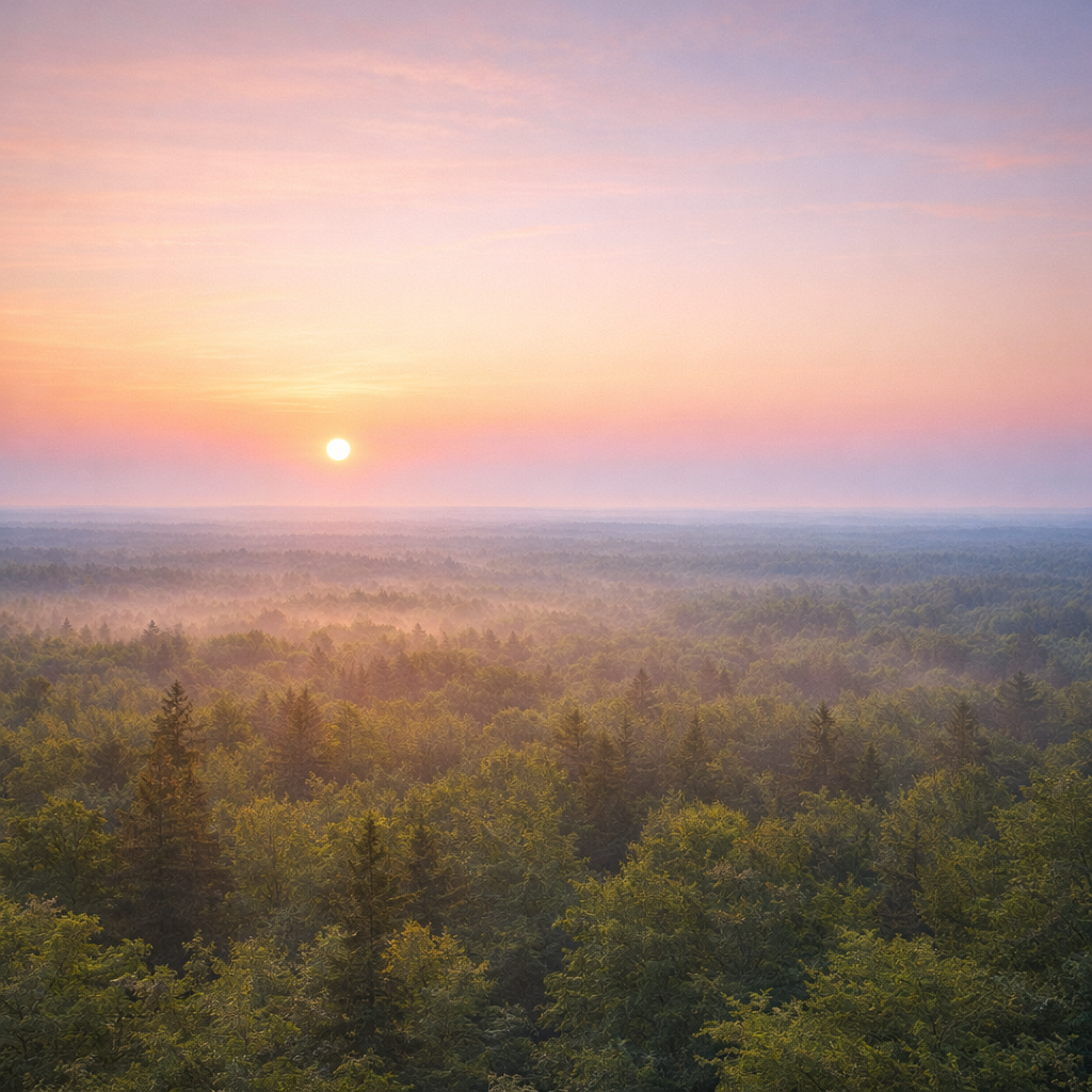 Misty forest sunrise panorama Sun rising over a dense forest with light mist and colorful sky