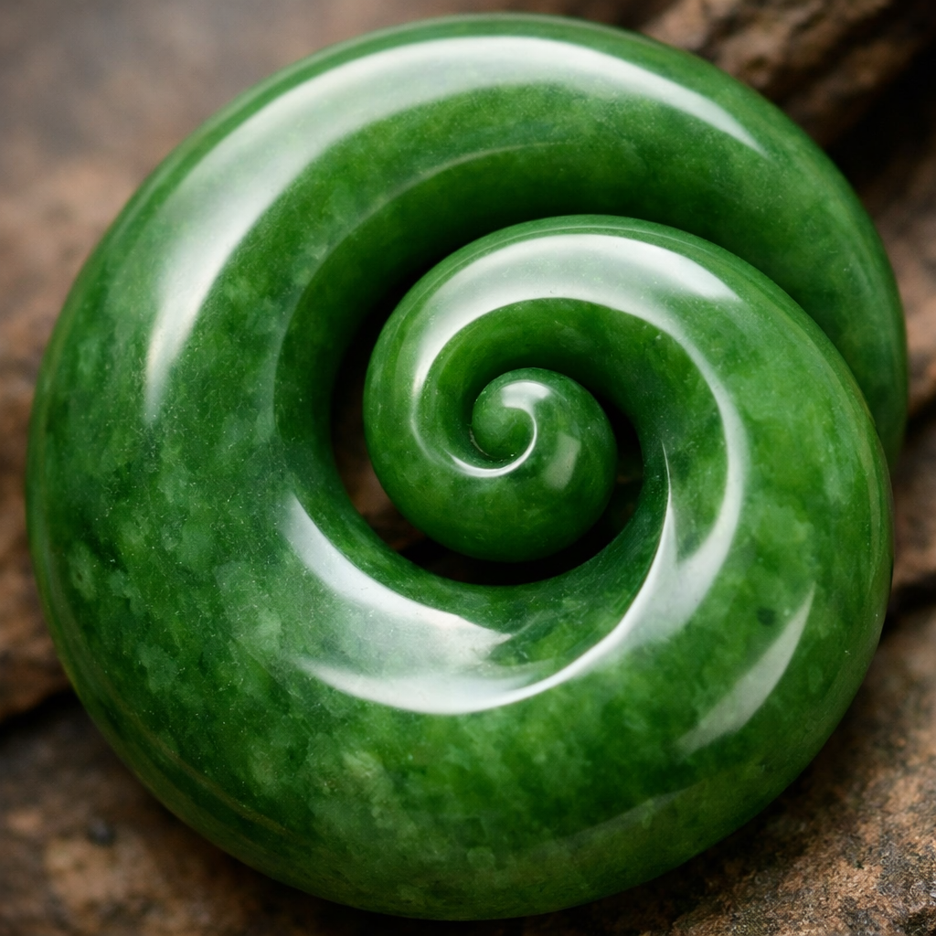 Smoothed greenstone koru close-up