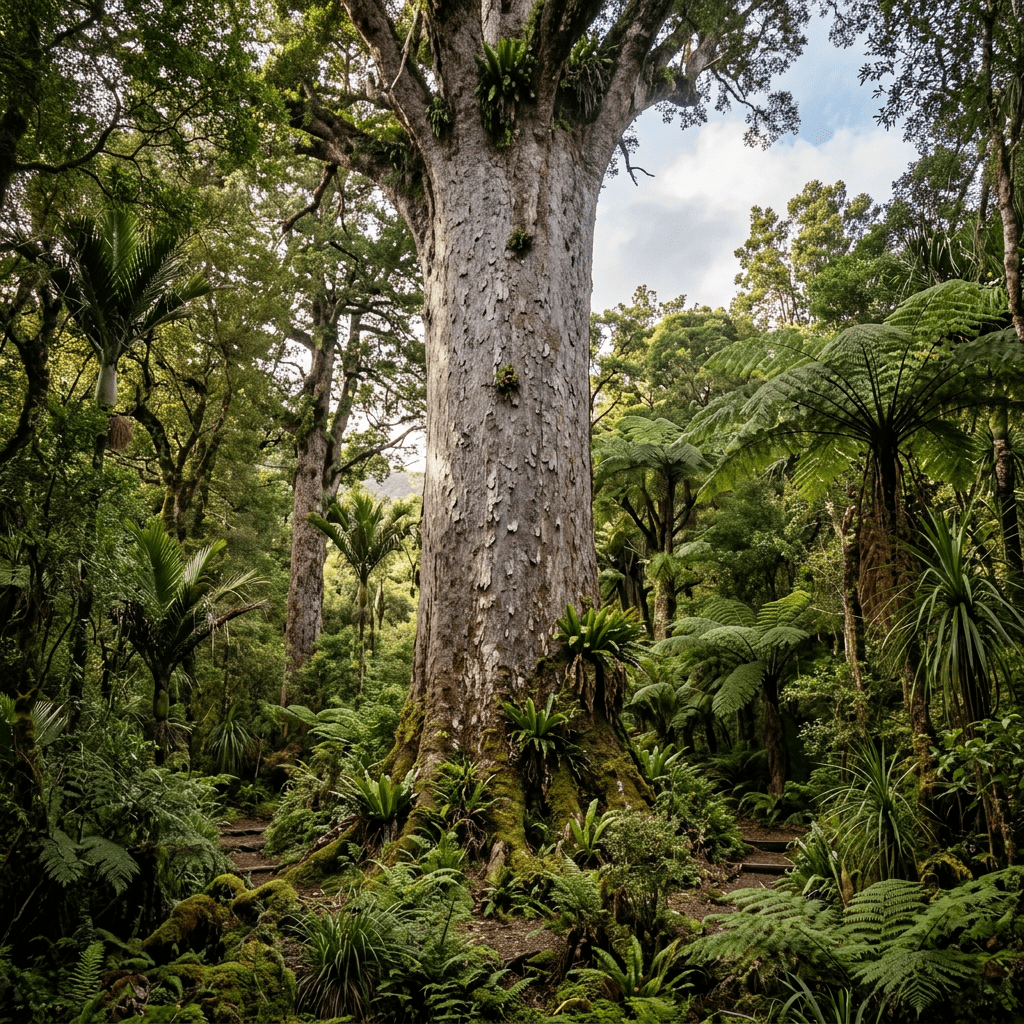 Tall ancient kauri tree surrounded by dense New Zealand forest vegetation