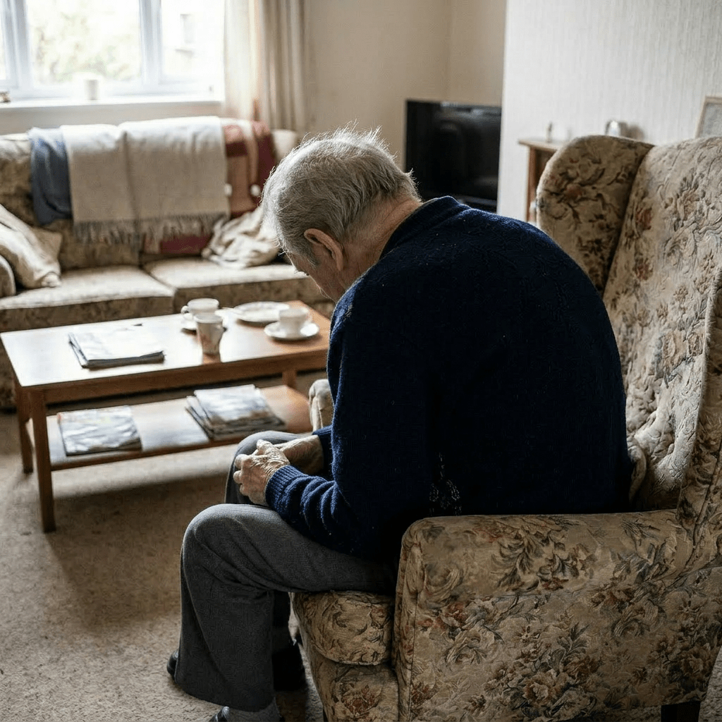 Elderly man sitting on a floral armchair in a living room with a coffee table and sofa