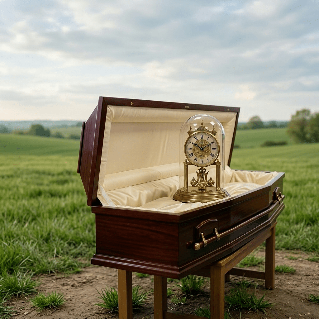 Open wooden coffin with an antique clock inside on chairs in a waiting room