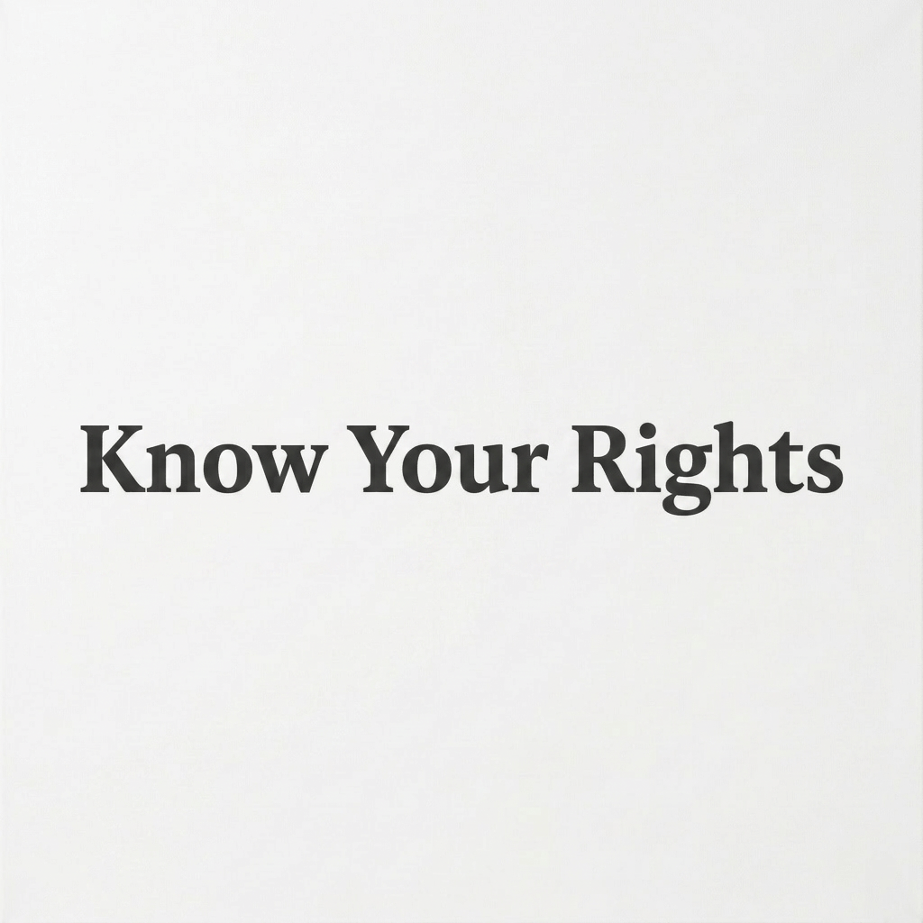 Casket with floral arrangements under a banner reading 'KNOW YOUR RIGHTS' and people gathered in background