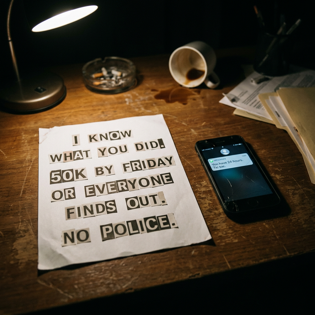 Ransom note demanding 50K by Friday with no police and a cracked phone showing a 24-hour countdown text
