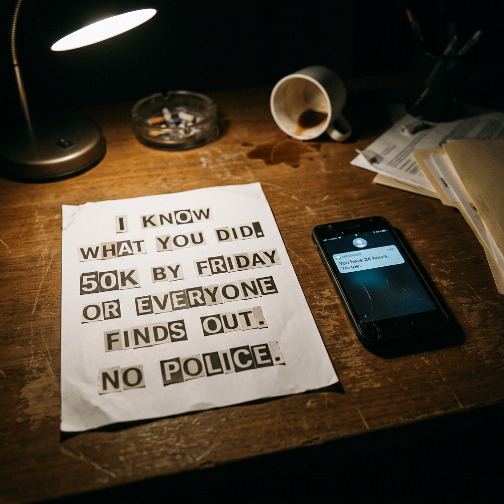 Ransom note demanding 50K by Friday with no police and a cracked phone showing a 24-hour countdown text