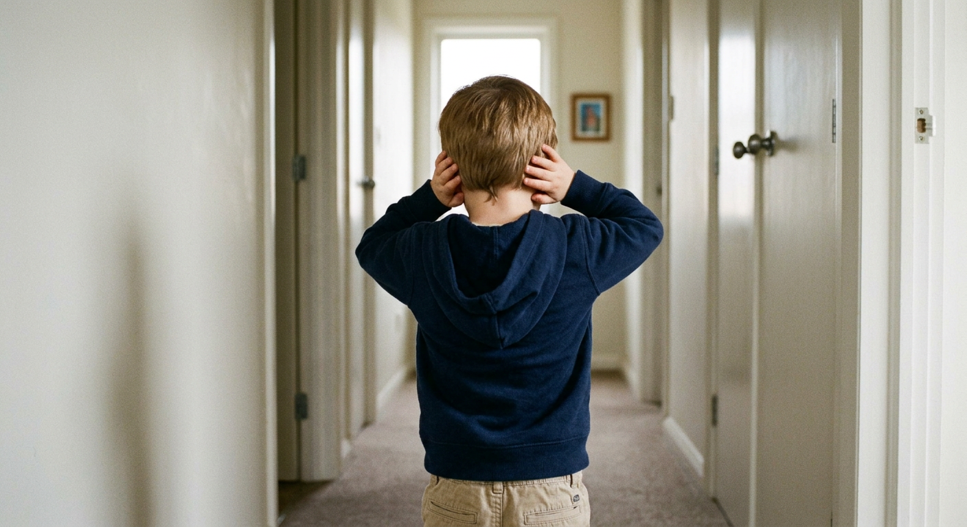 Child facing away in hallway covering ears with hands