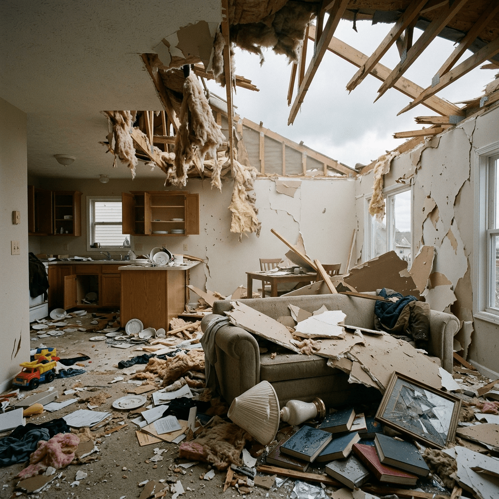 Living room and kitchen with roof collapsed, debris scattered, broken furniture, and damaged walls