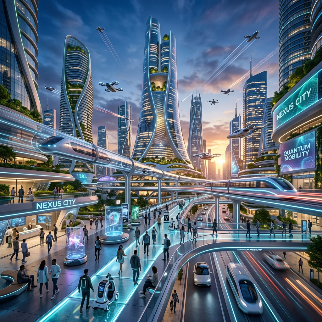 Futuristic urban scene with people walking, flying cars, and elevated trains