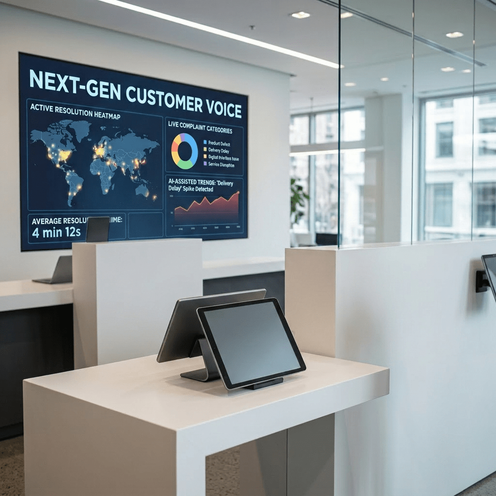 Woman looking concerned at smart service complaint dashboard in busy customer support center