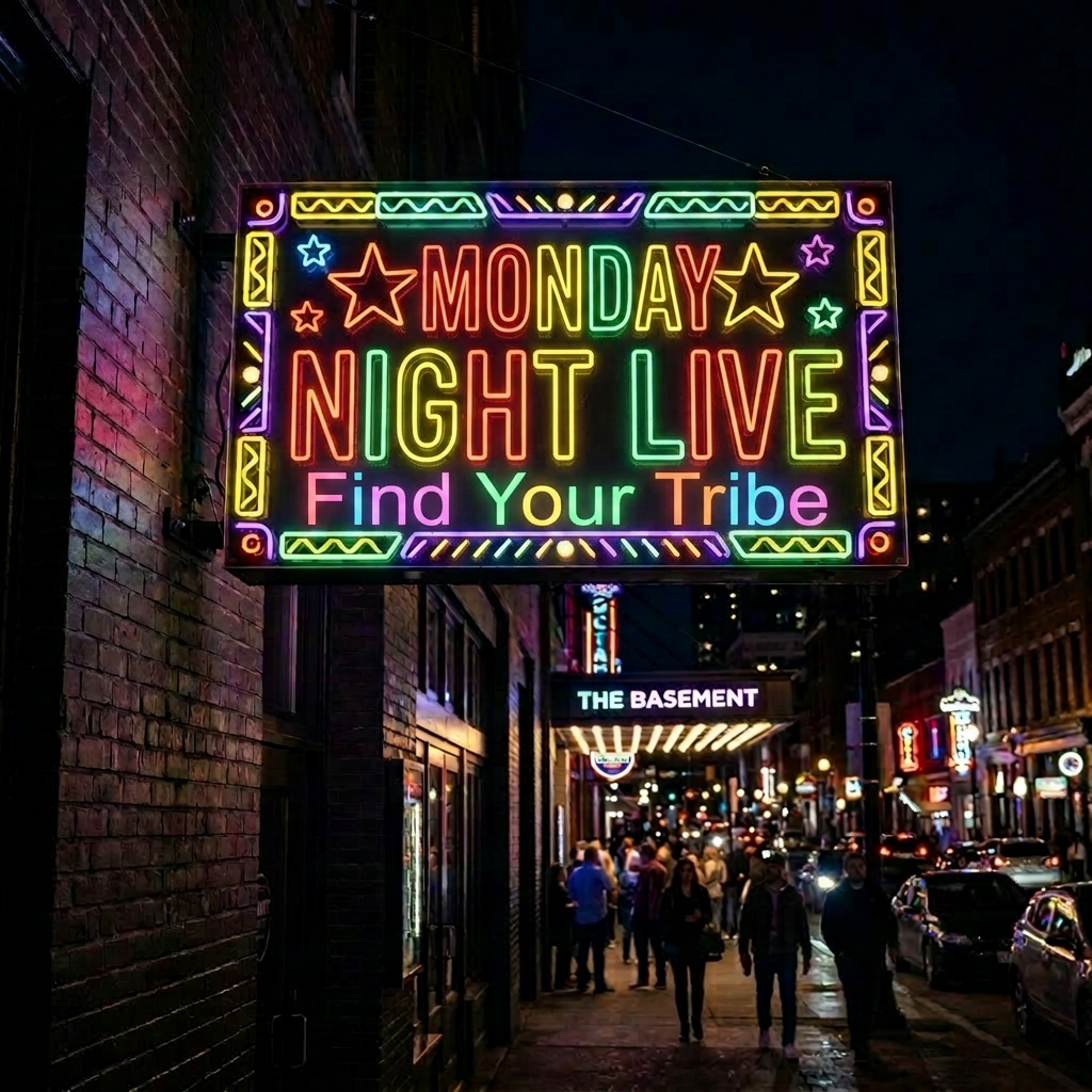 Neon sign reading Monday Night Live live music and comedy established 1993 over a city sidewalk at night