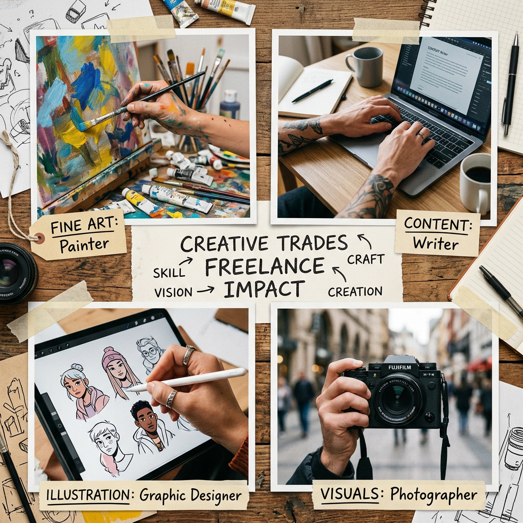 Collage of freelancer creative work including painting, writing, illustration, and photography.