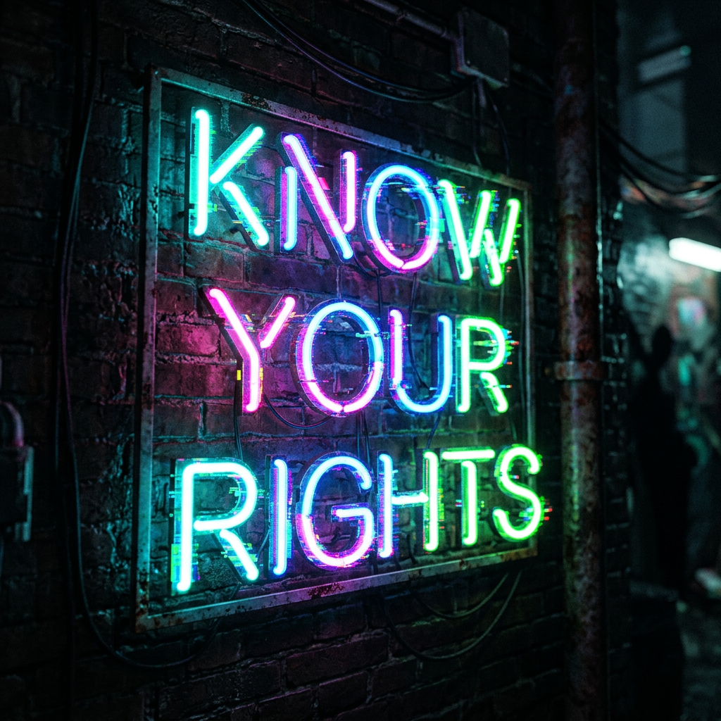 Neon sign reading 'KNOW YOUR RIGHTS' mounted on a brick wall